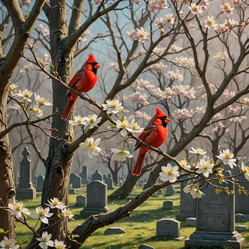 Cardinal in Dogwood Tree Painting with Graveyard