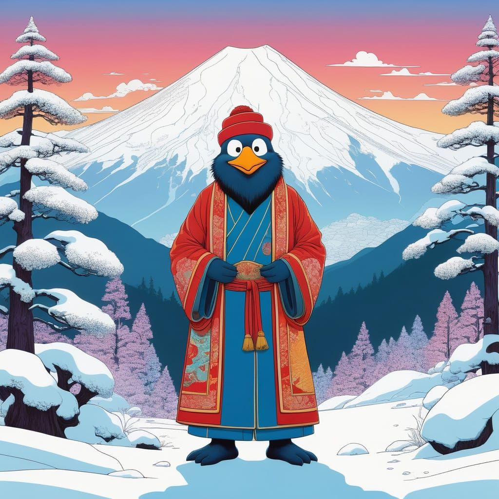 Venerable Sensei in Serene Snowy Mountainscape with Cherry B...