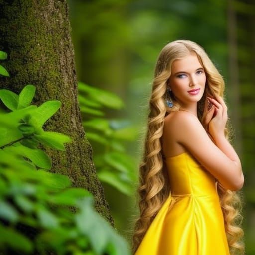 Princess in Yellow Dress on Forest Background
