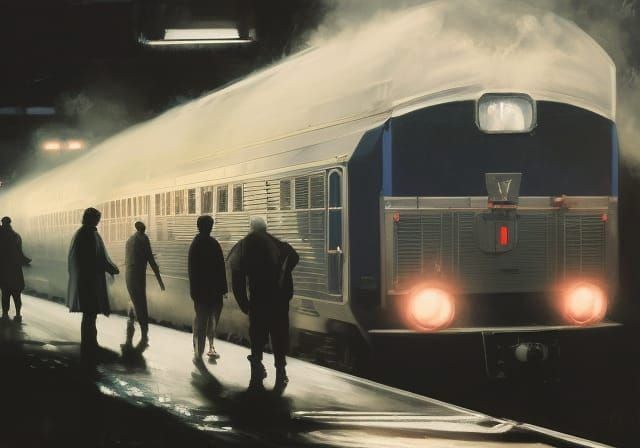 Early Morning Train: Moody, Hyperdetailed Oil Painting