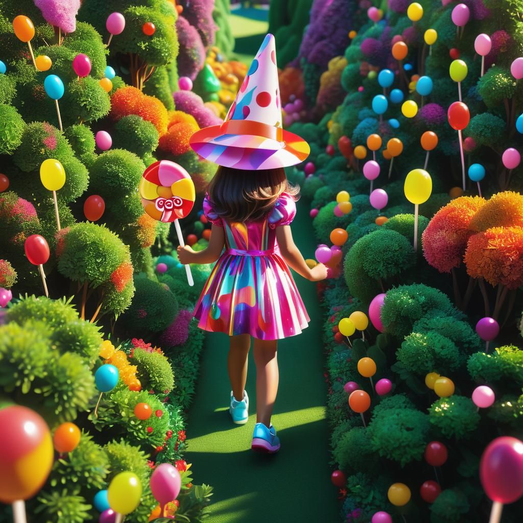Girl in Candy Maze with Popsicle: Whimsical Illustration