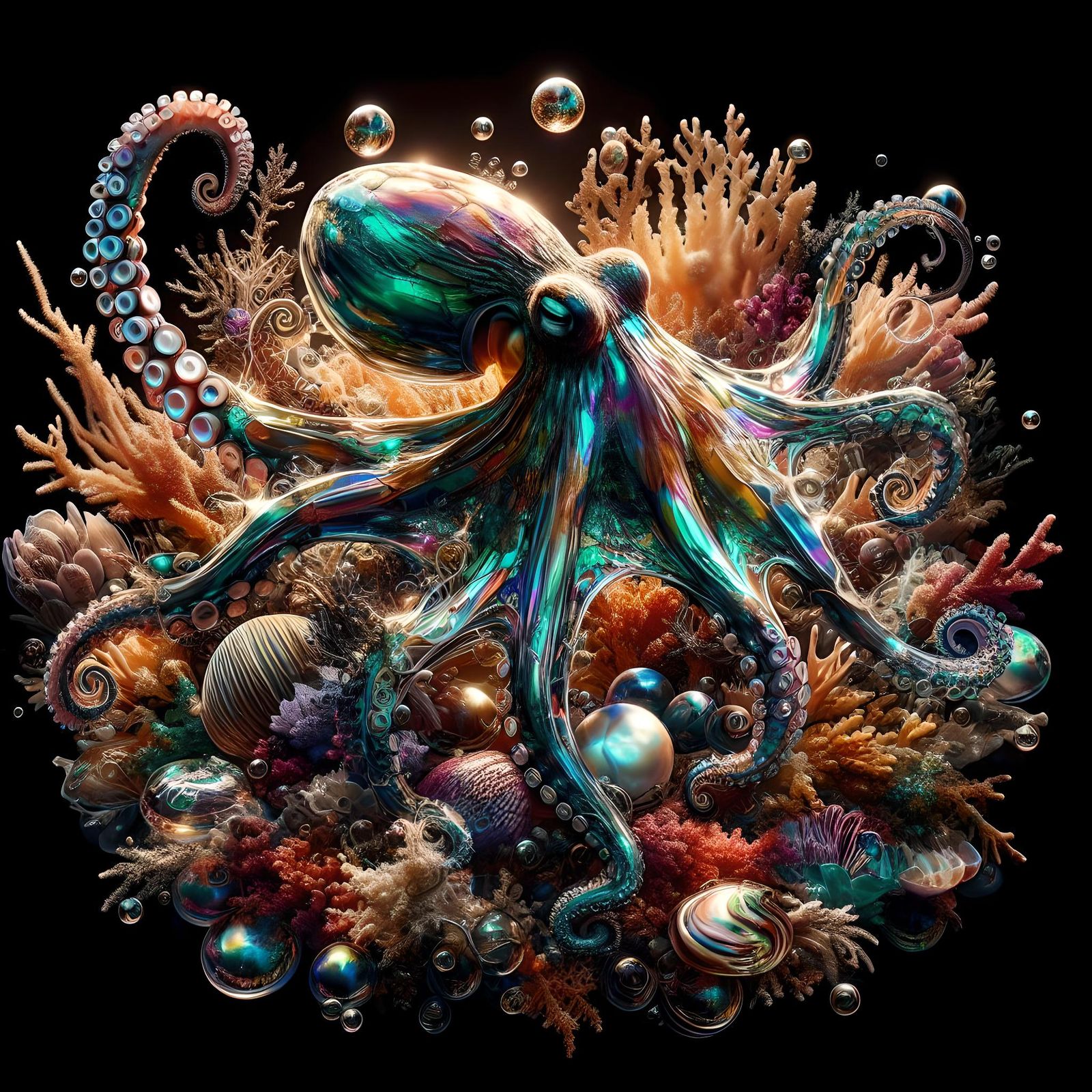 Iridescent Octopus on Coral Reef in Mixed Media Style