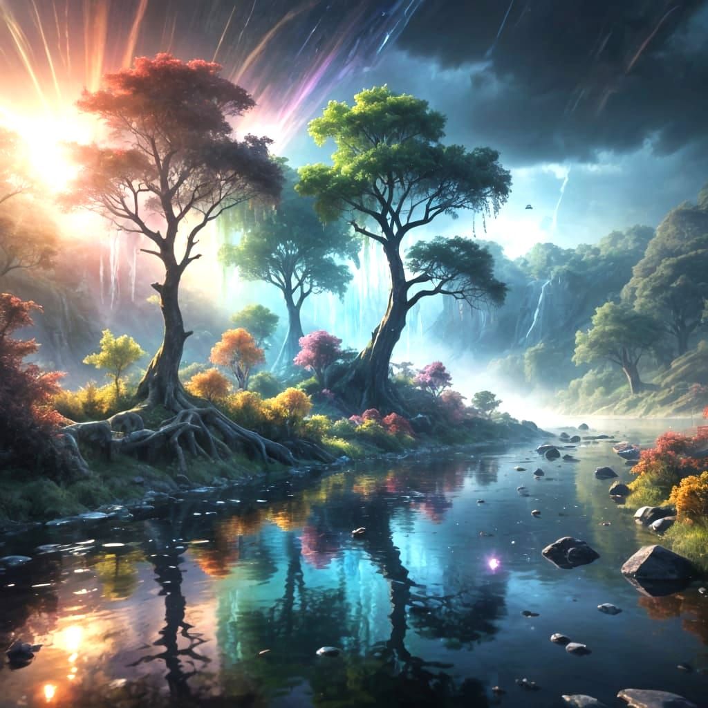 Surreal Crystal Forest Along Glassy Waterway in Dreamlike Di...