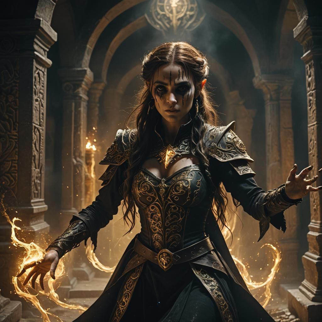 Half-Elf Warlock Casts Eldritch Blast in Crypt