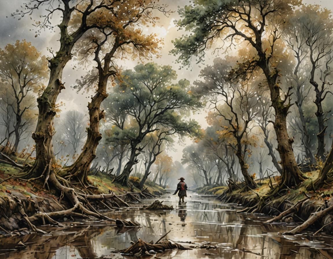 Trees Emerge After Deluge: Watercolor Painting