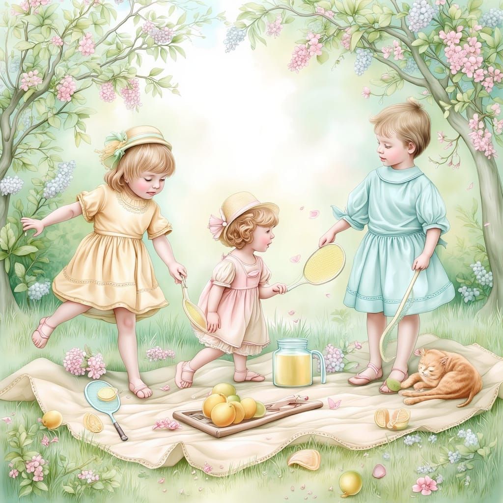 Children playing badminton in a backyard garden