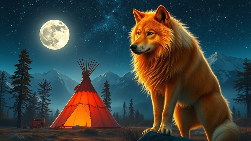 Golden Wolf under Starry Night Sky with Glowing Teepee and M...