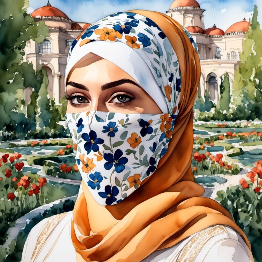 Stylish Hijabi Woman in Botanic Garden Watercolor