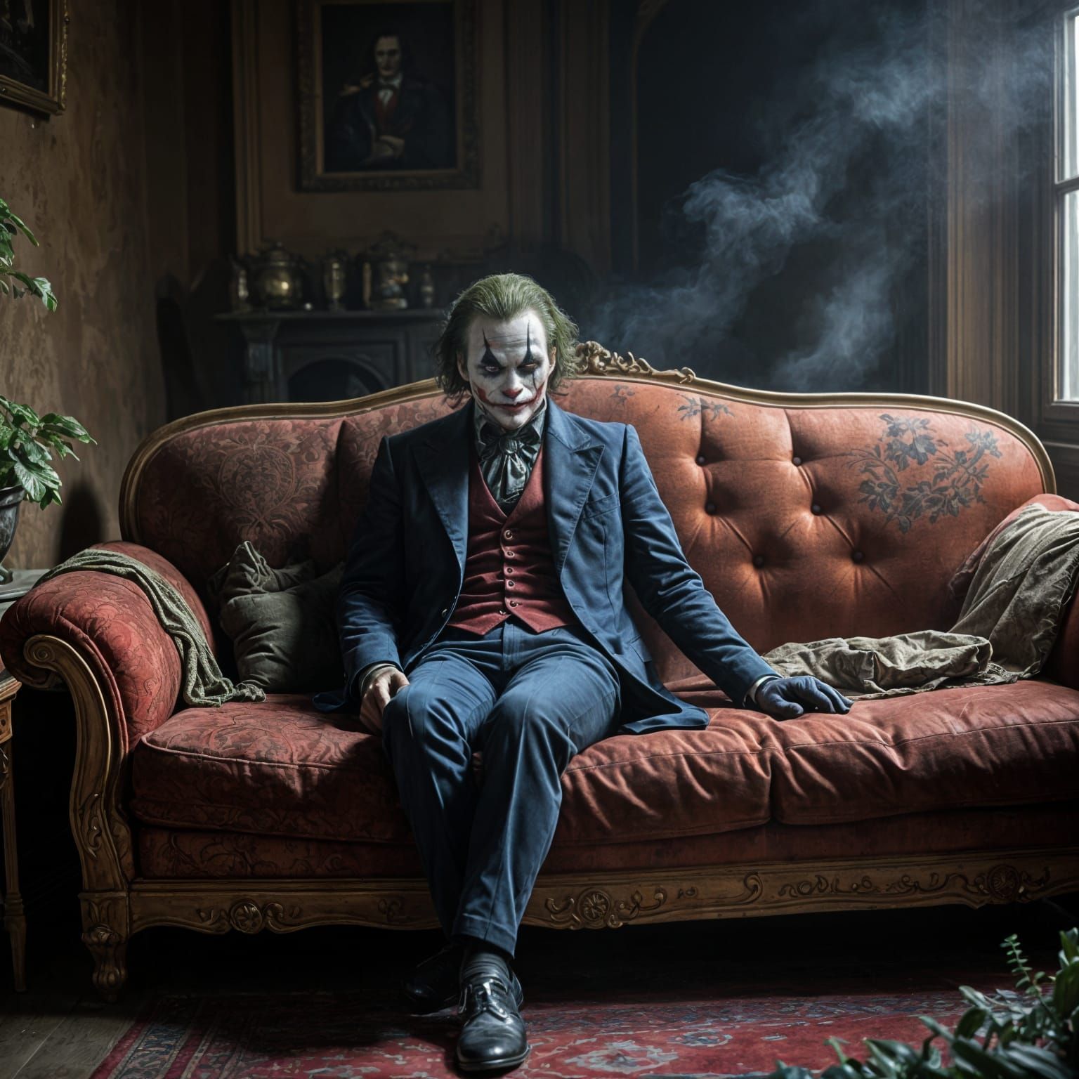 Mysterious Joker Figure Sits on Vintage Sofa in Haunting Atm...