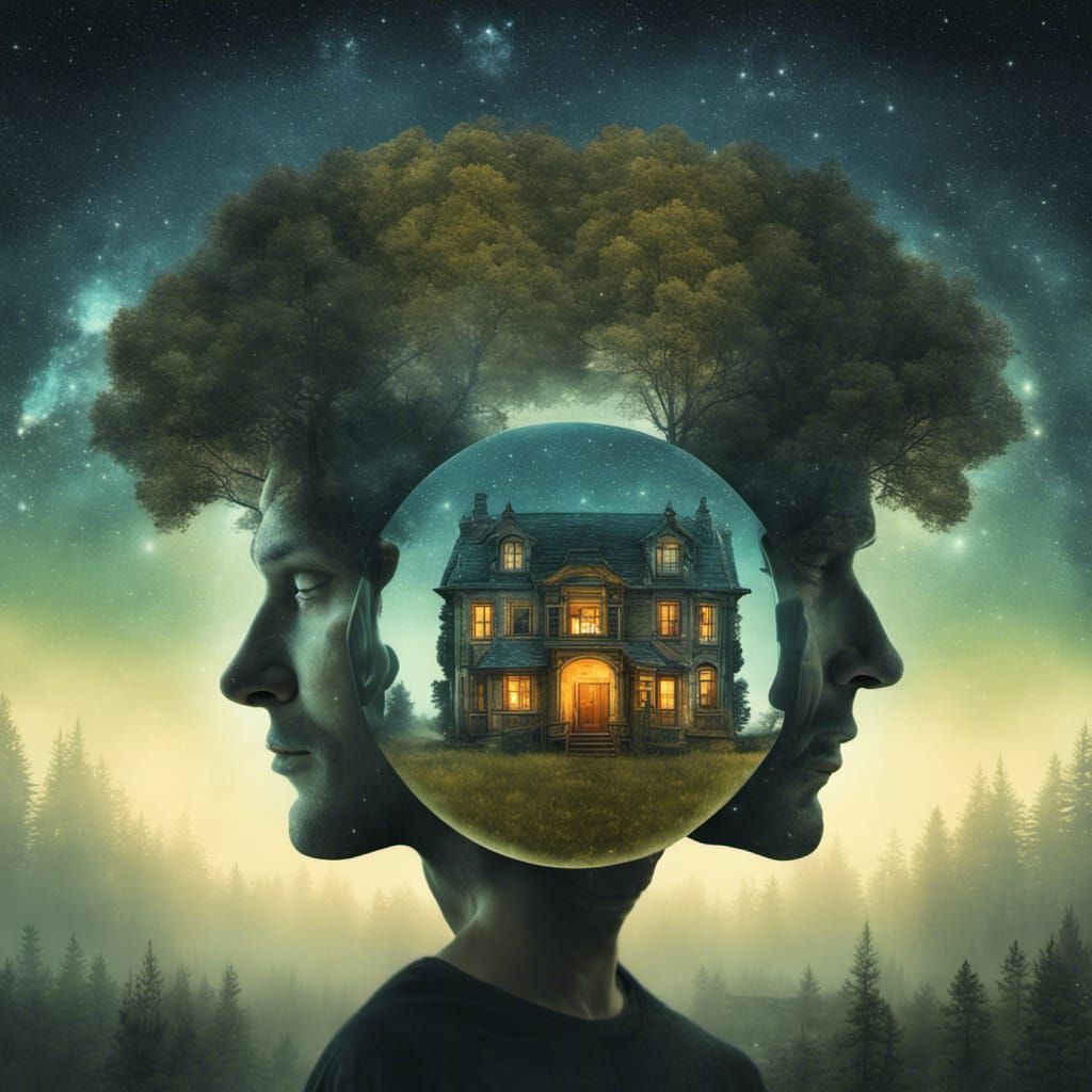 Surreal Face-House Double Exposure in Digital Art Style