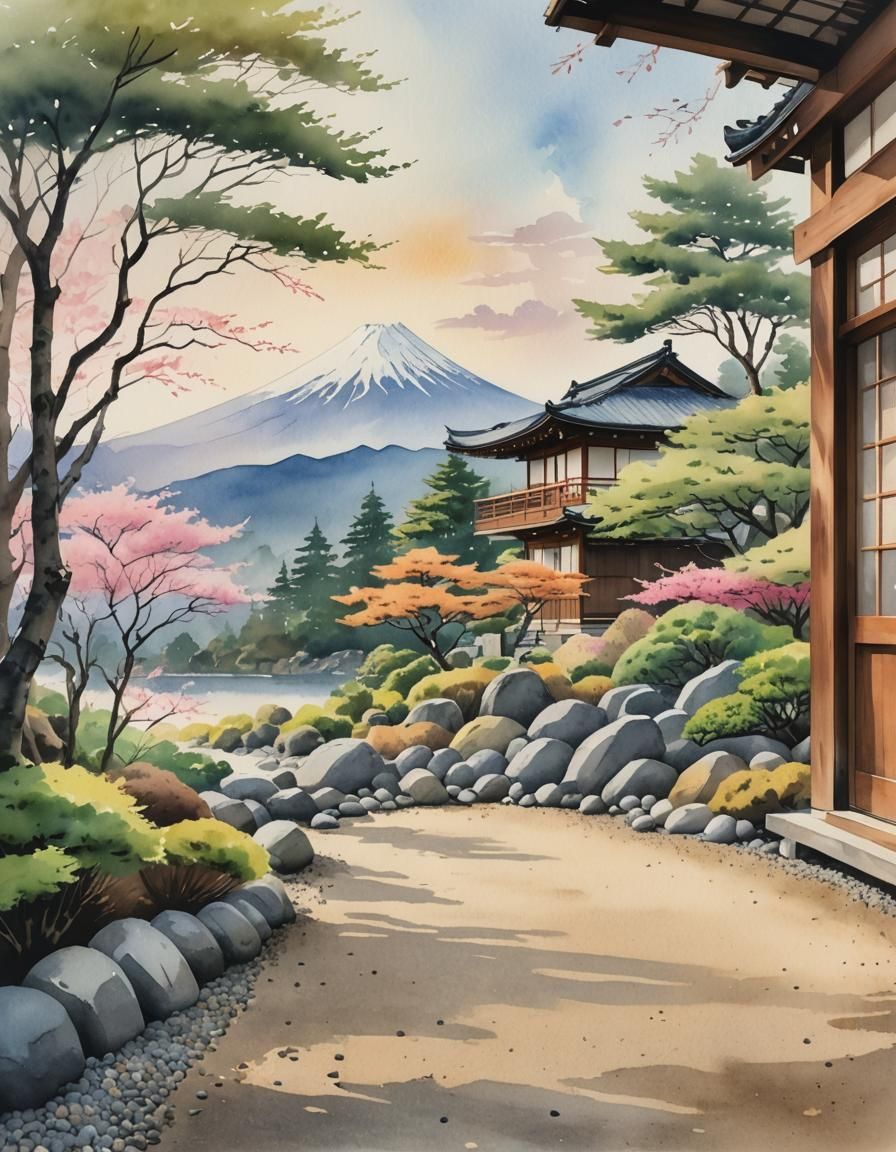 Zen Garden Retreat: Watercolor Landscape with Mount Fuji