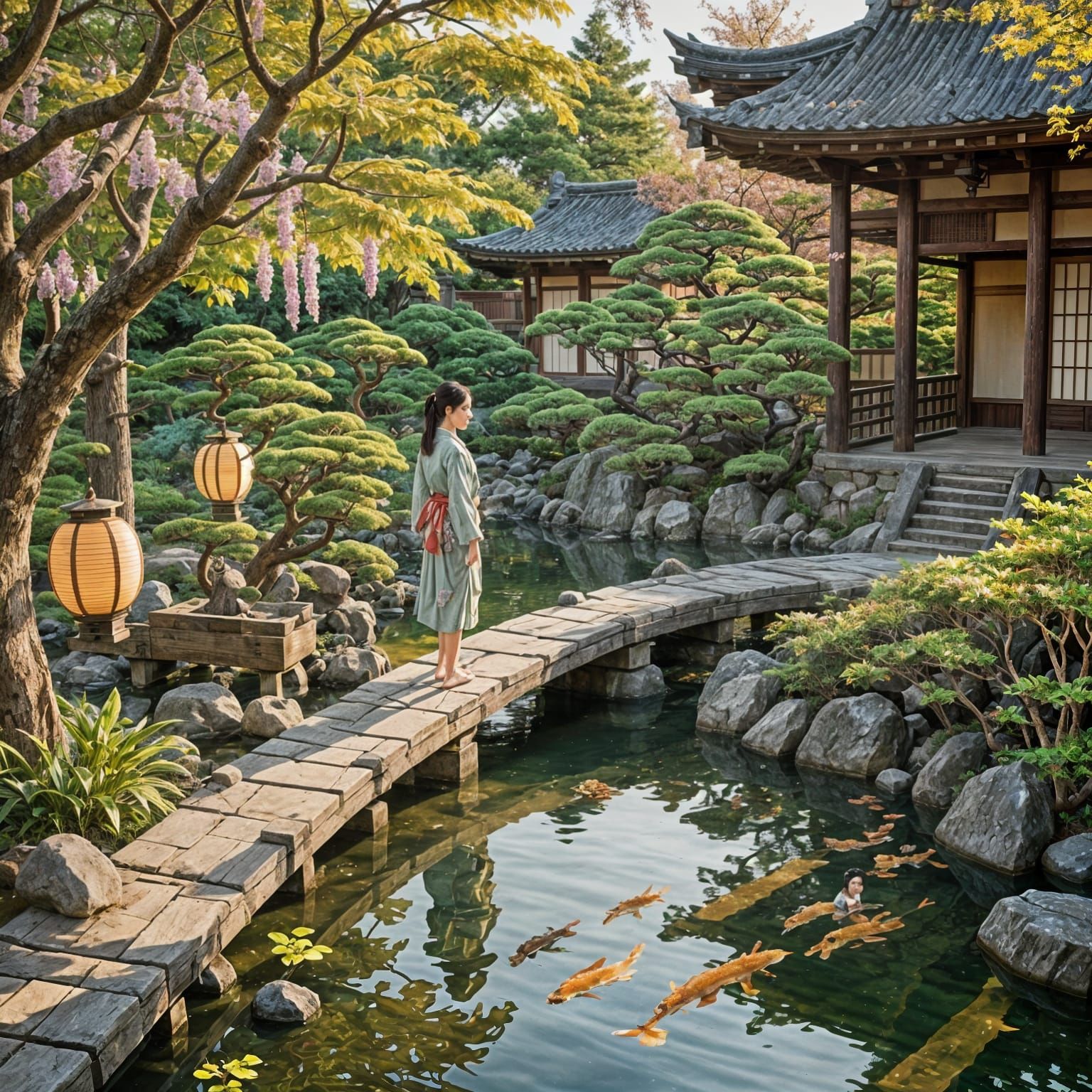 Ukiyo-e Garden Scene with Woman and Dragons