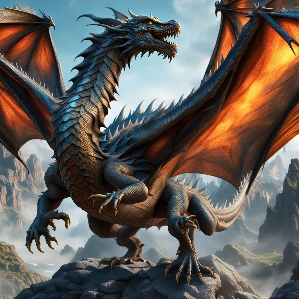 Flying Dragon Over Rocky Landscape in Dark Fantasy Art