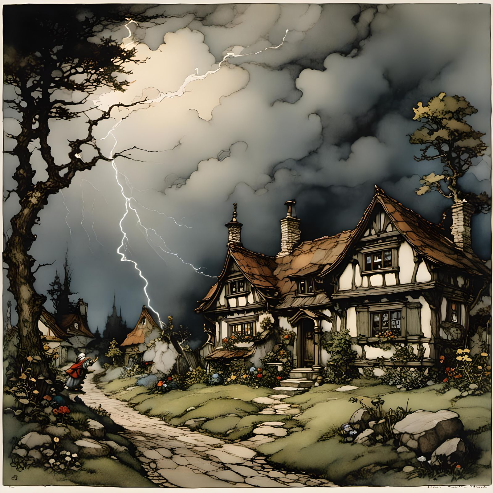 <lora:OutsideGnomes:1.0> lightning storm