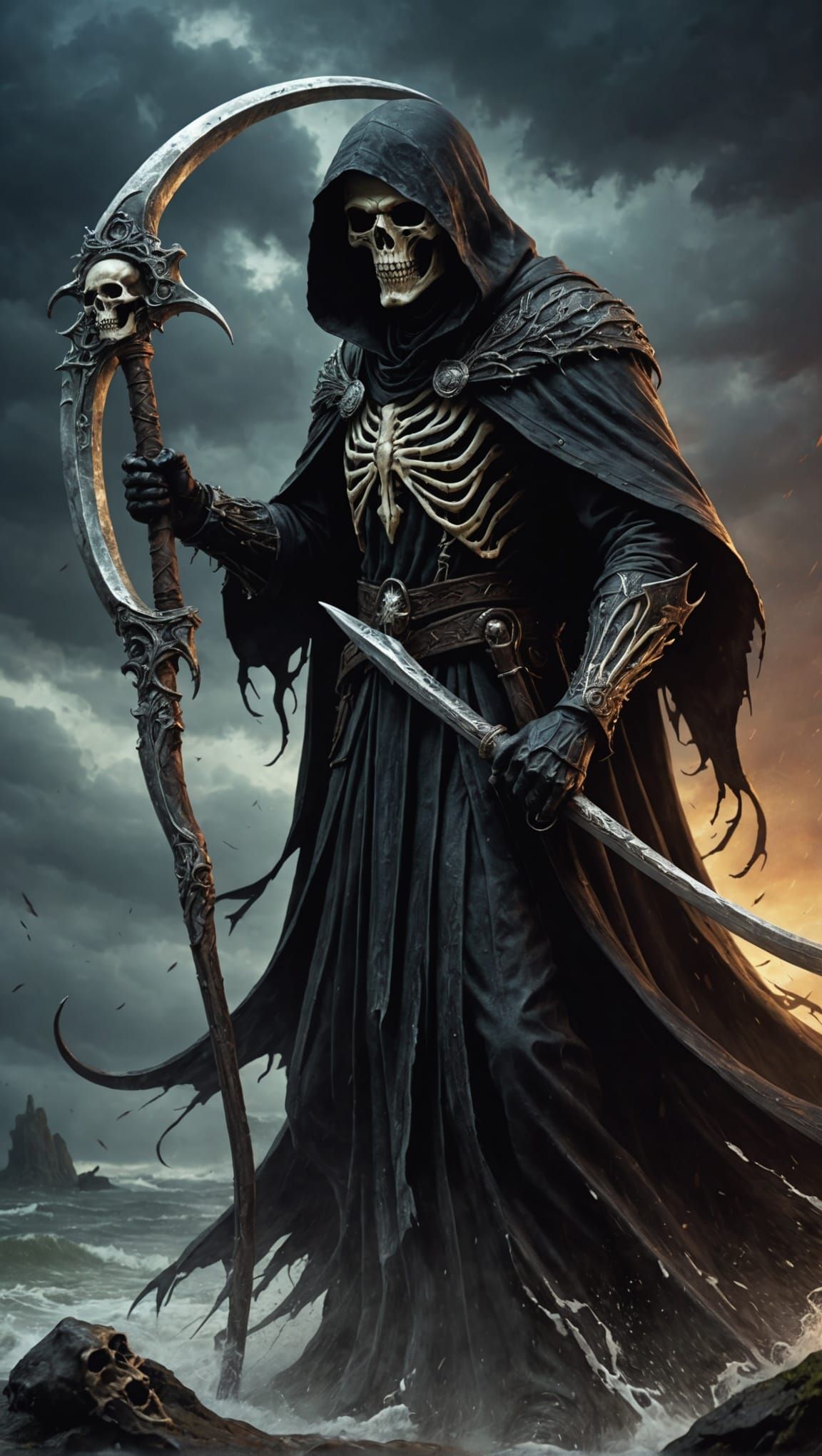 Hyperrealistic Grim Reaper with Bone Scythe