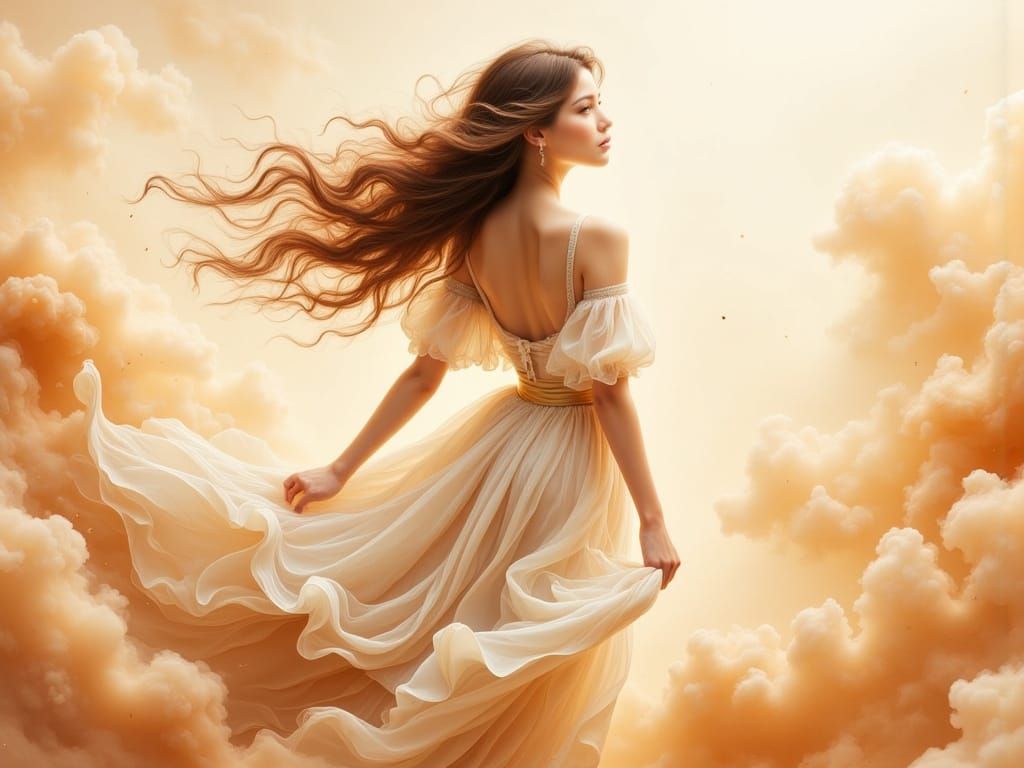 Surreal Dreamscape with Ethereal Woman in Soft Caramel and B...