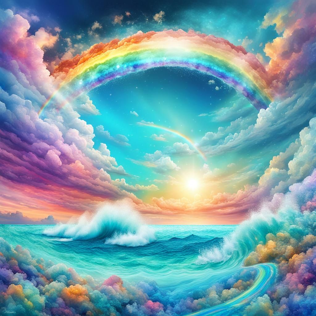 Turquoise Sea Rainbow: Holographic Cosmic Illustration