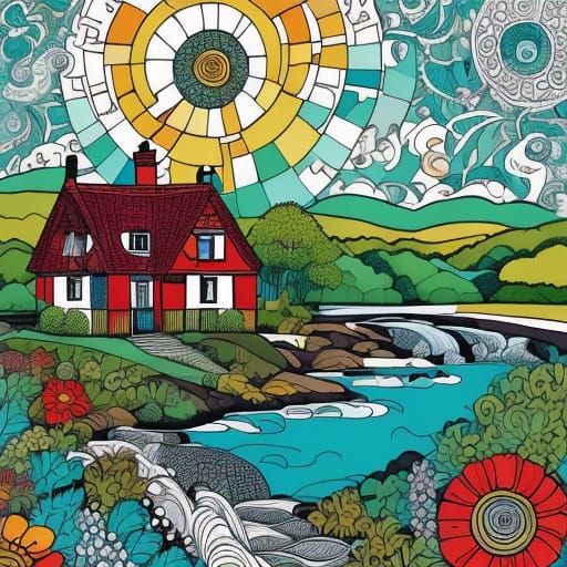 Zentangle Country Cottage Landscape Under Sunny Skies