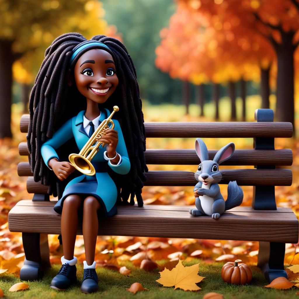 Young Woman with Trumpet in Claymation Autumn Scene