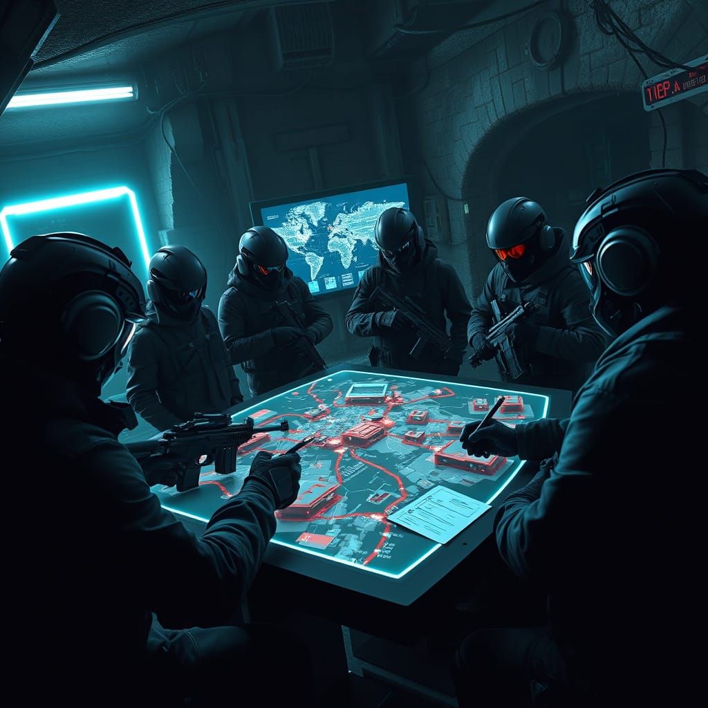 Cyberpunk Smugglers' Holographic Meeting in Dark Underground...