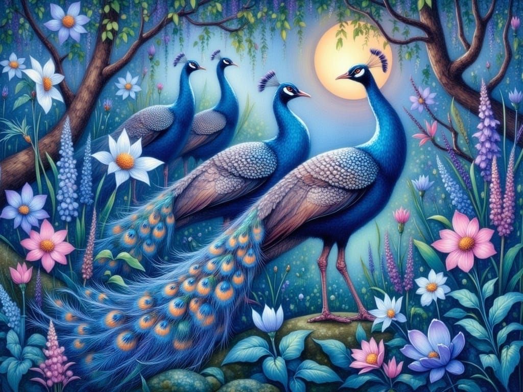 Exotic Palace Garden Scene with Peacocks in Nocturnal Bloom
