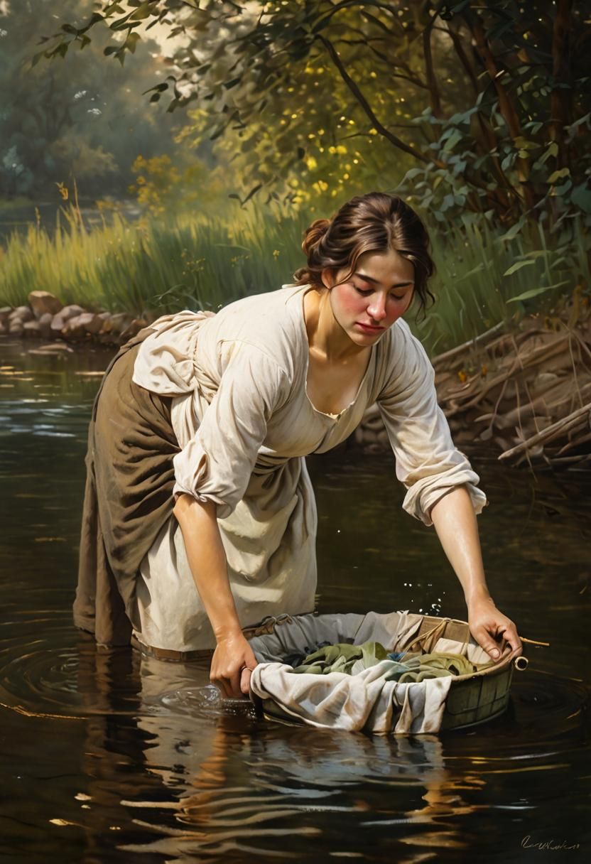 Impressionist Peasant Woman Washing Clothes by River