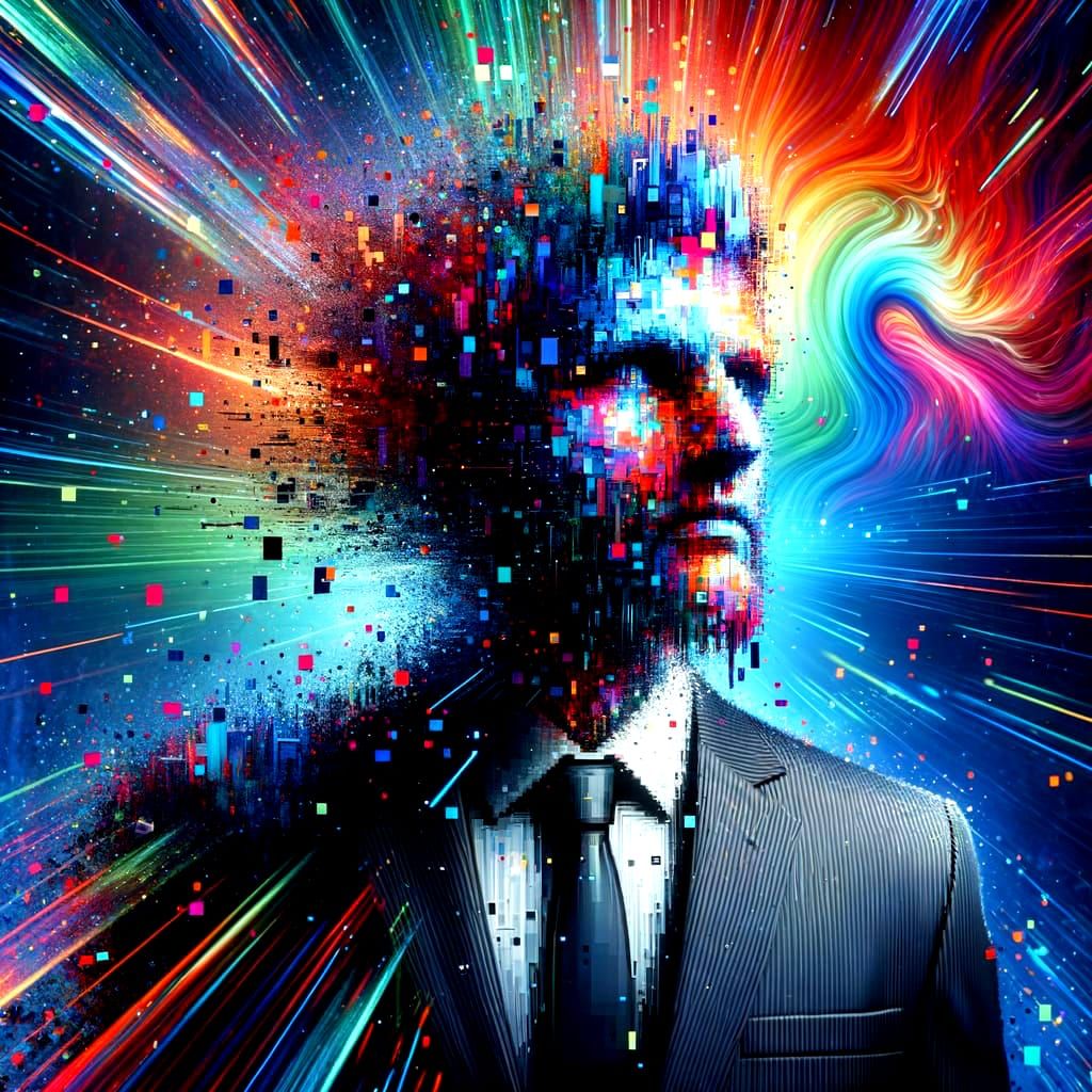 Distorted portrait. A businessman's face melts into static, his features dissolving into a chaotic mess of digital noise...