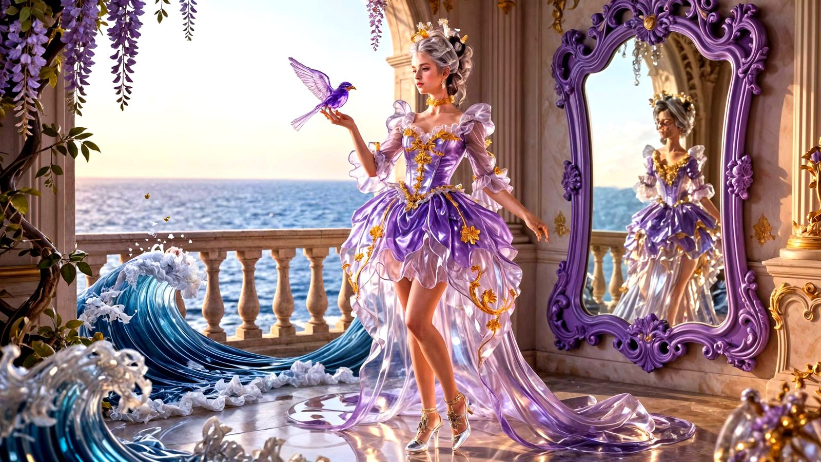 Baroque Woman in Glass Dress with Bird