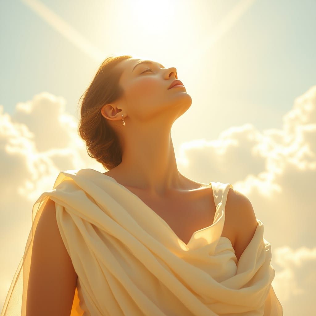 Ethereal Goddess in Ivory Silk Basks in Heavenly Sunshine