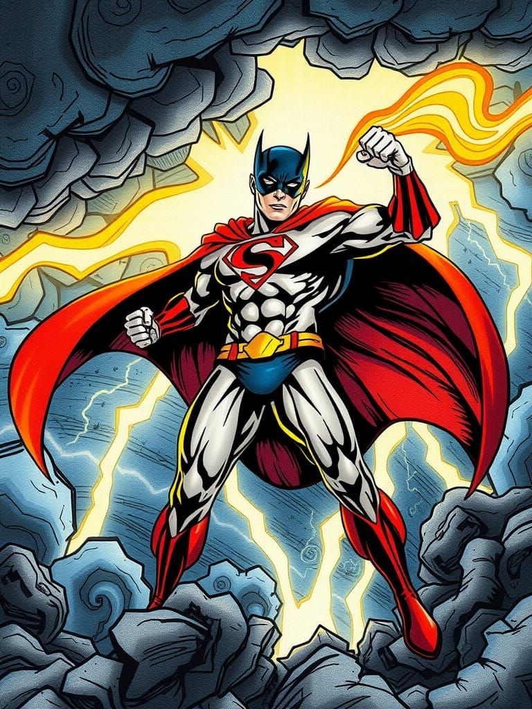 Comic Book Superhero in Action, Dynamic Poses and Dramatic E...