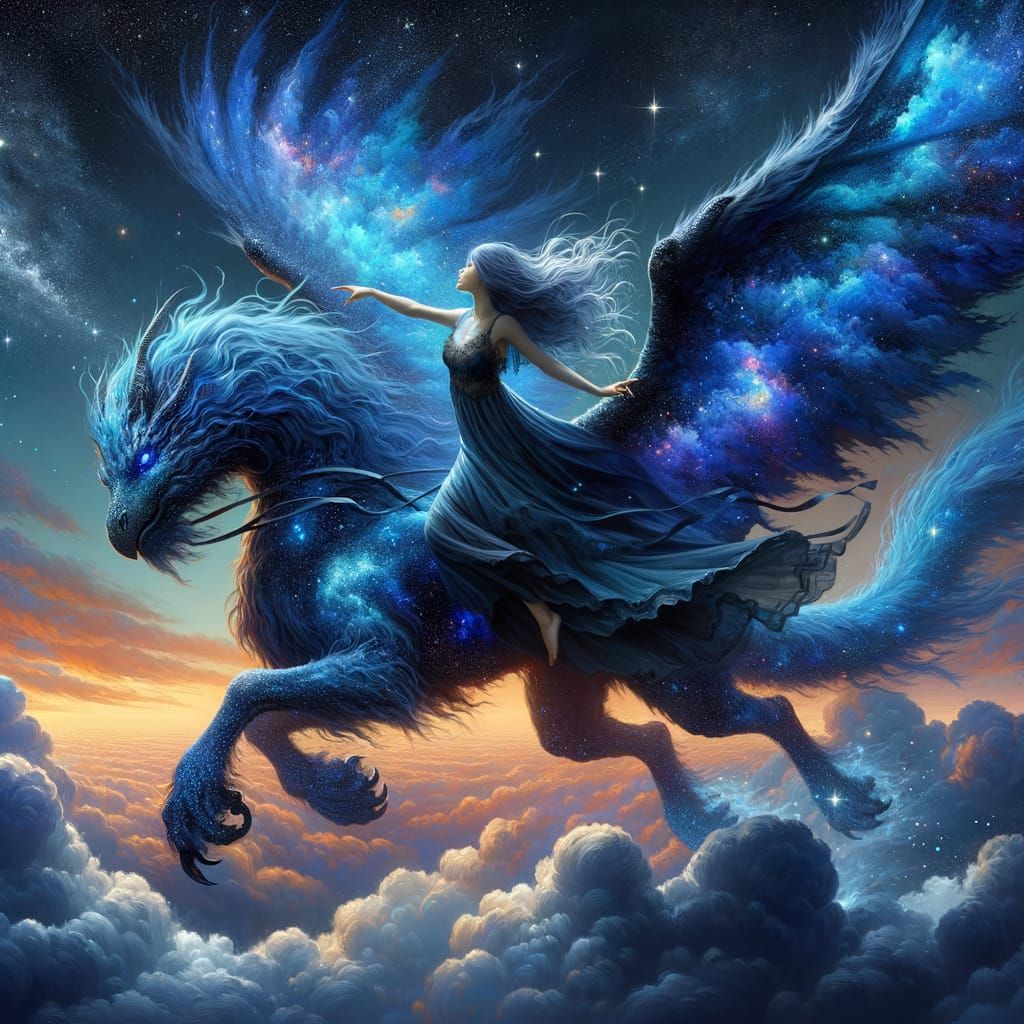 Girl Riding a Star-Wyvern in a Celestial Landscape