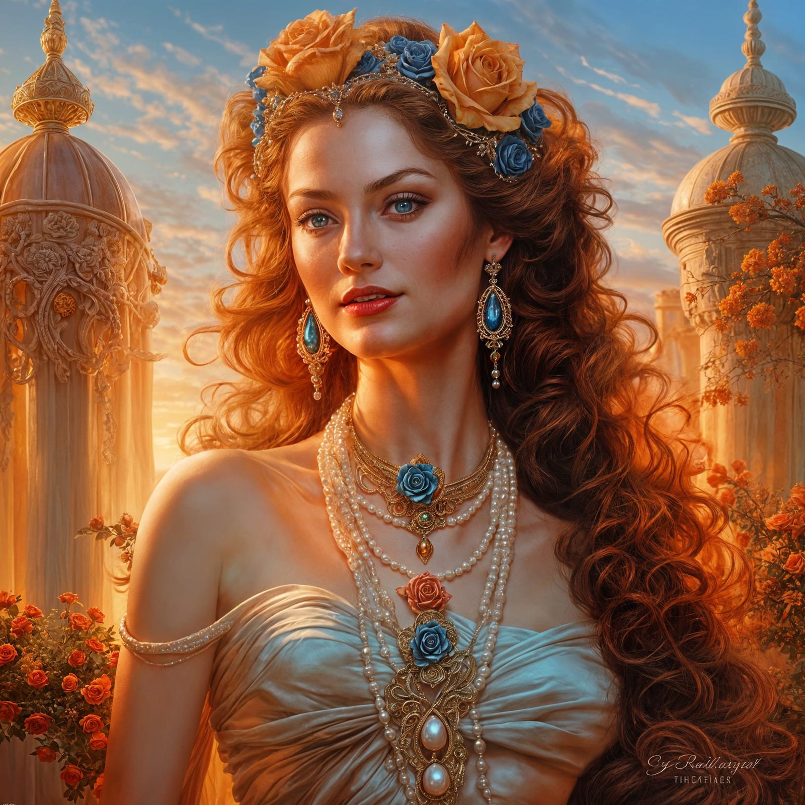 Goddess in Flowing Silk and Pearls at Sunset