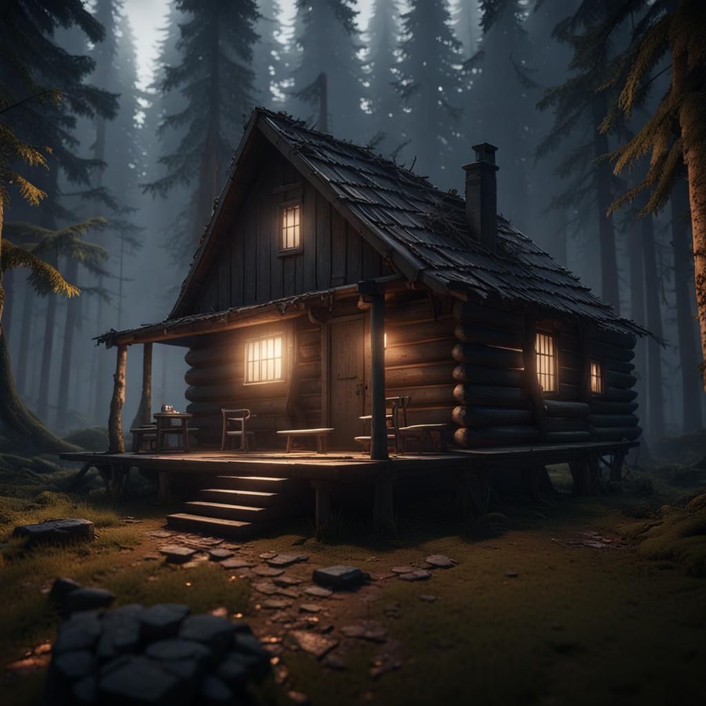 Lived-In Cabin in Dark Forest: 3D Cinematic Render