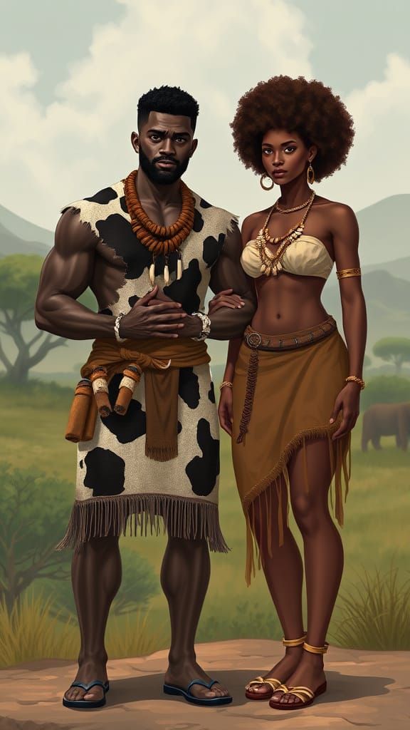 African Couple in Traditional Cowhide Attire