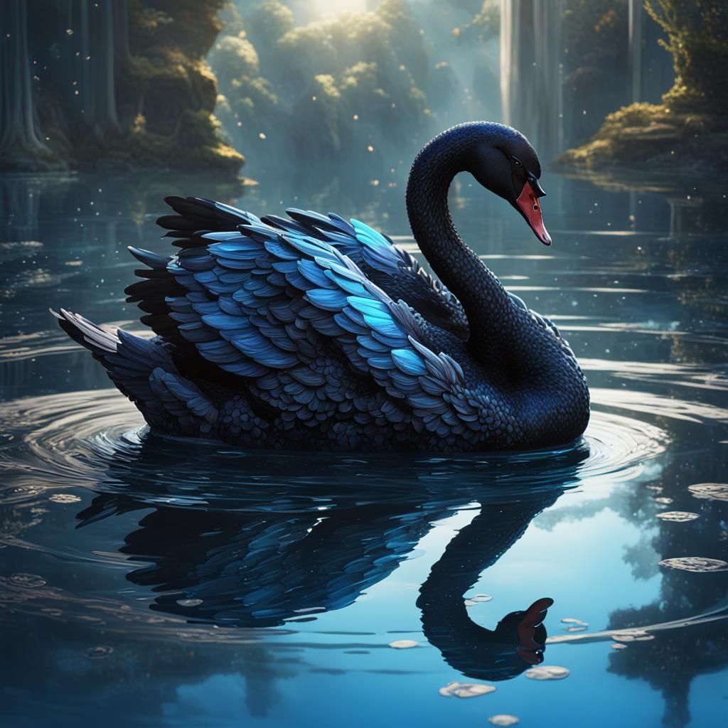 Black Swan in Blue Water: Dark Fantasy Art