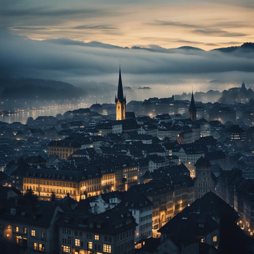 Zurich Cityscape at Dusk: Cinematic Film Still