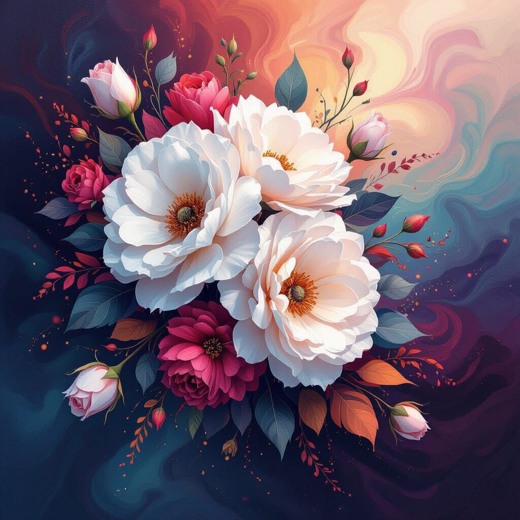 Abstract Floral Arrangement with White Blooms as Matte Paint...