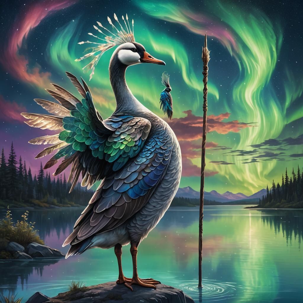 Goose with Headdress Under Northern Lights: Fantasy Art