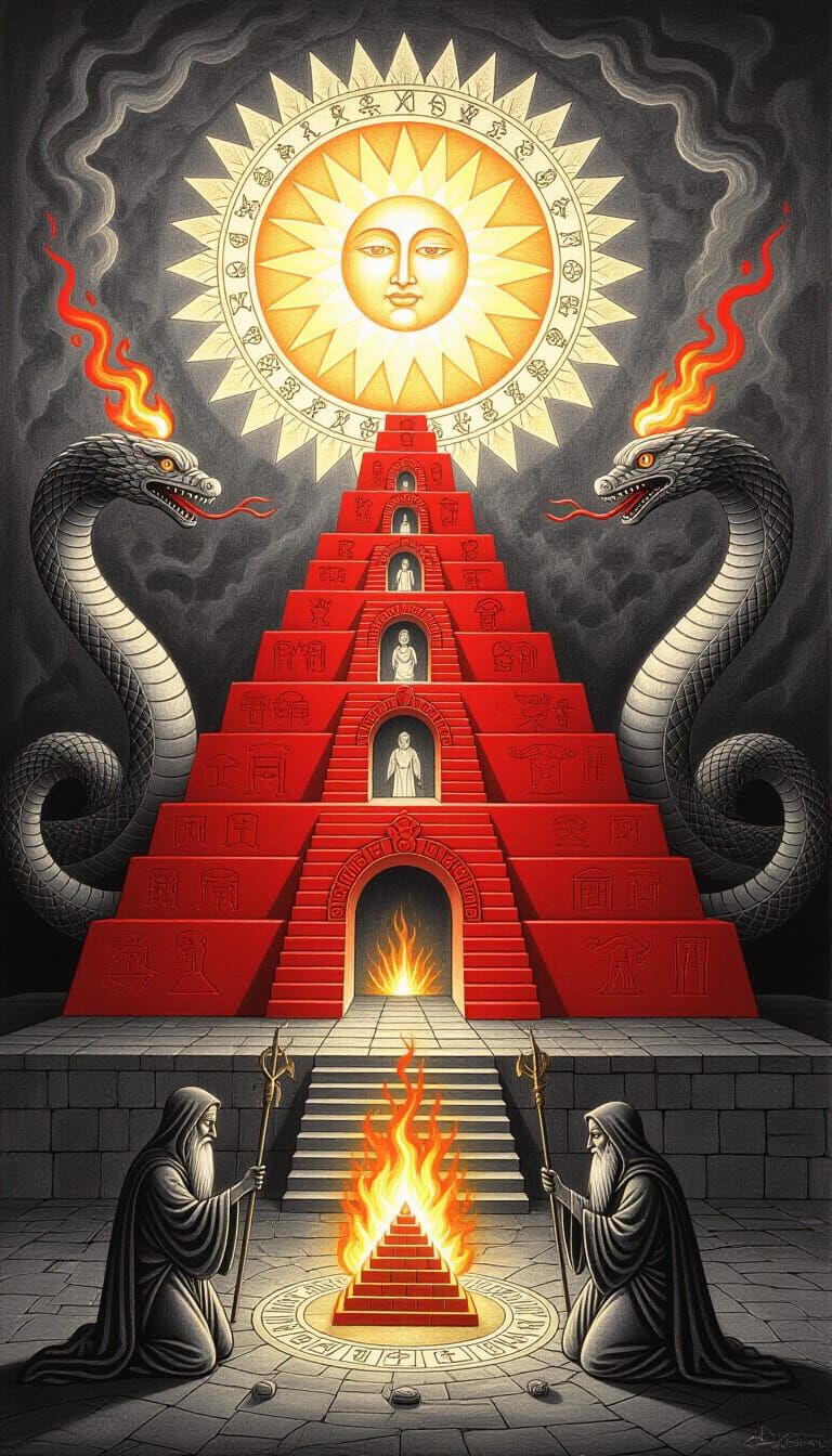Flaming Pyramid Alchemical Scene in Charcoal Drawing Style