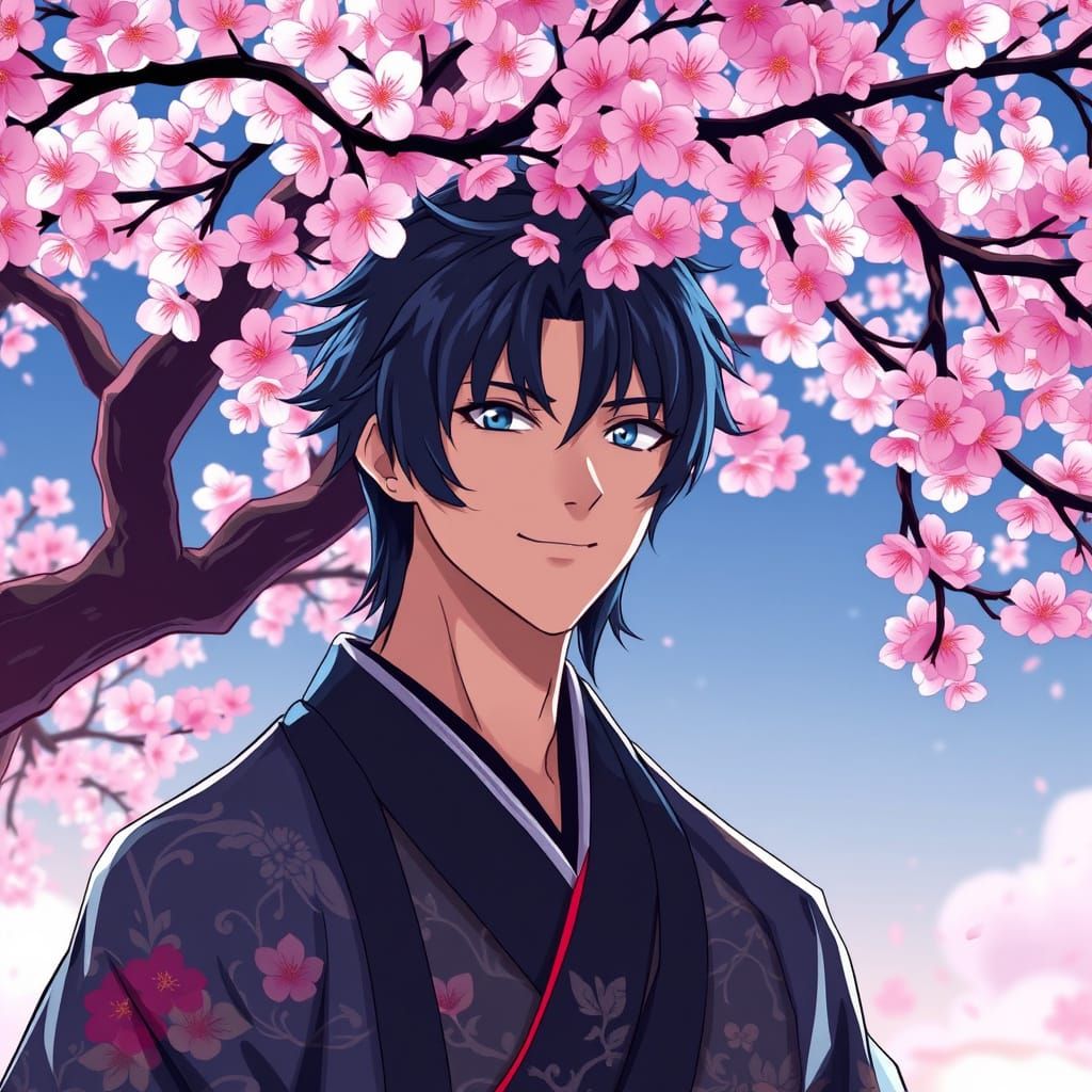 Majestic Man Under Cherry Blossom Tree in Traditional Kimono