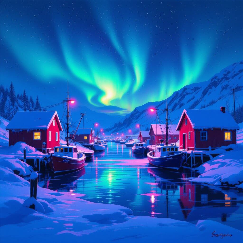 Neon Harbor Under Aurora: Gouache Cyberpunk Painting