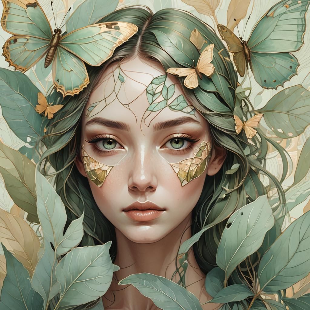 Ethereal Portrait with Butterfly Wings in Line Art