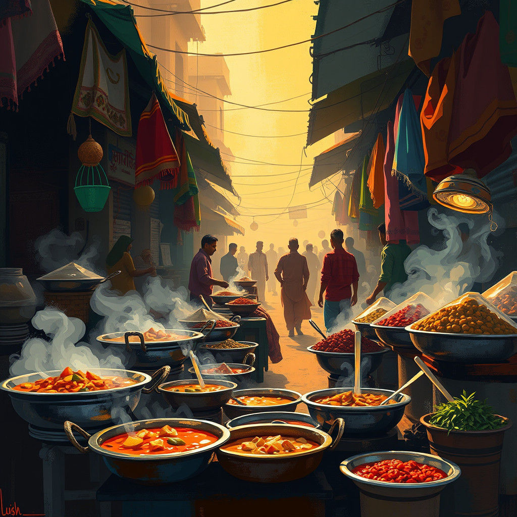 Vibrant Indian Street Food Market in Digital Art Style