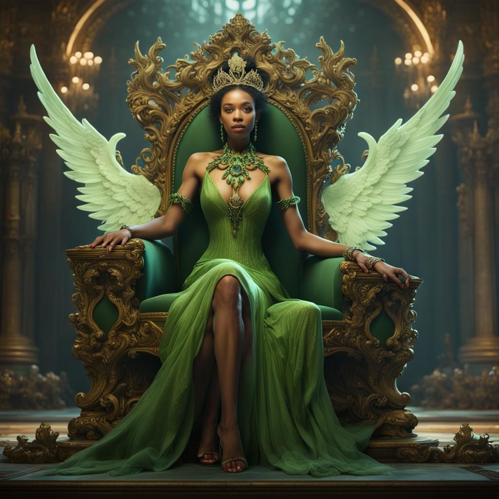 Hyperrealistic Jade Queen on Gem Throne