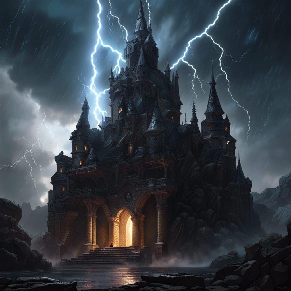 Black Marble Castle Hit by Lightning Sword