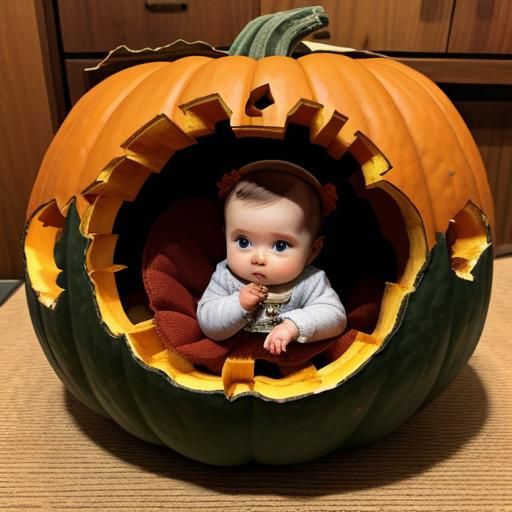 A hollowed out pumpkin with an adorable baby girl sitting in...