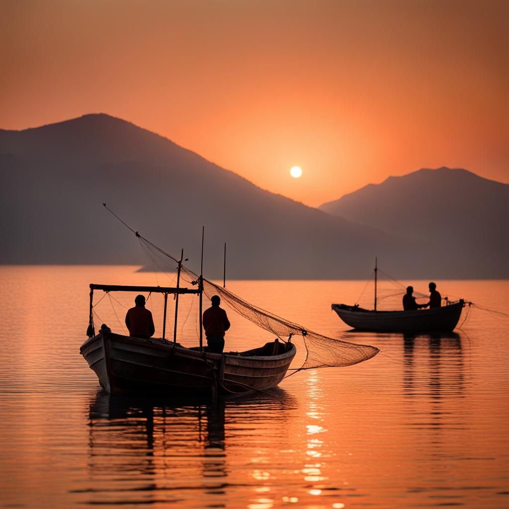 Greek Fishing Boats at Sunrise, 1960s Photography