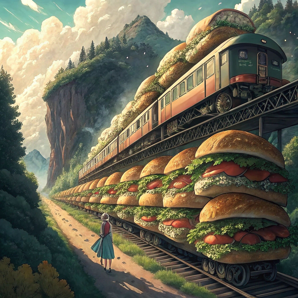 Giant Subway Sandwich Train in Ghibli Style