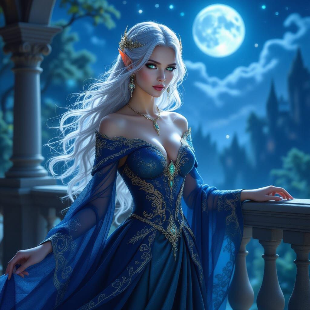 Regal Elven Princess in Sapphire Gown Overlooking Starlit Fo...