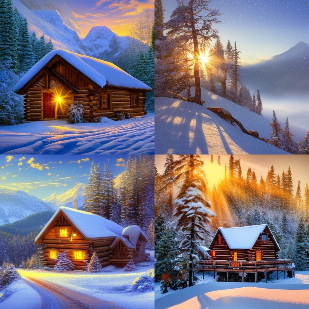 Snowy Mountain Cabin at Sunrise, Oil Painting